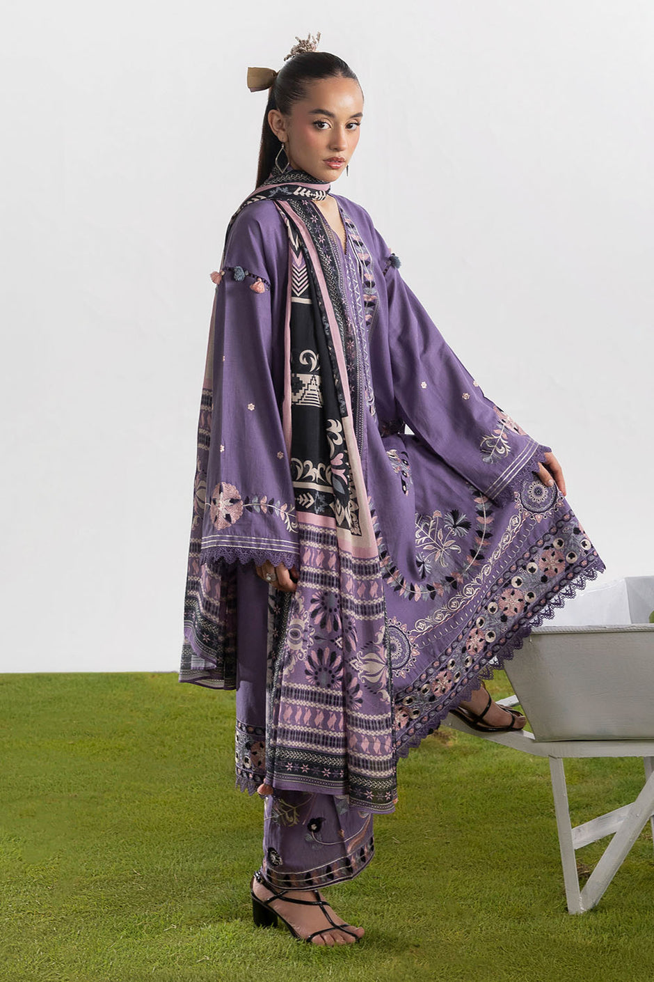 3 Piece Embroidered Lawn Suit with Embroidered Borders and Embroidered Trouser