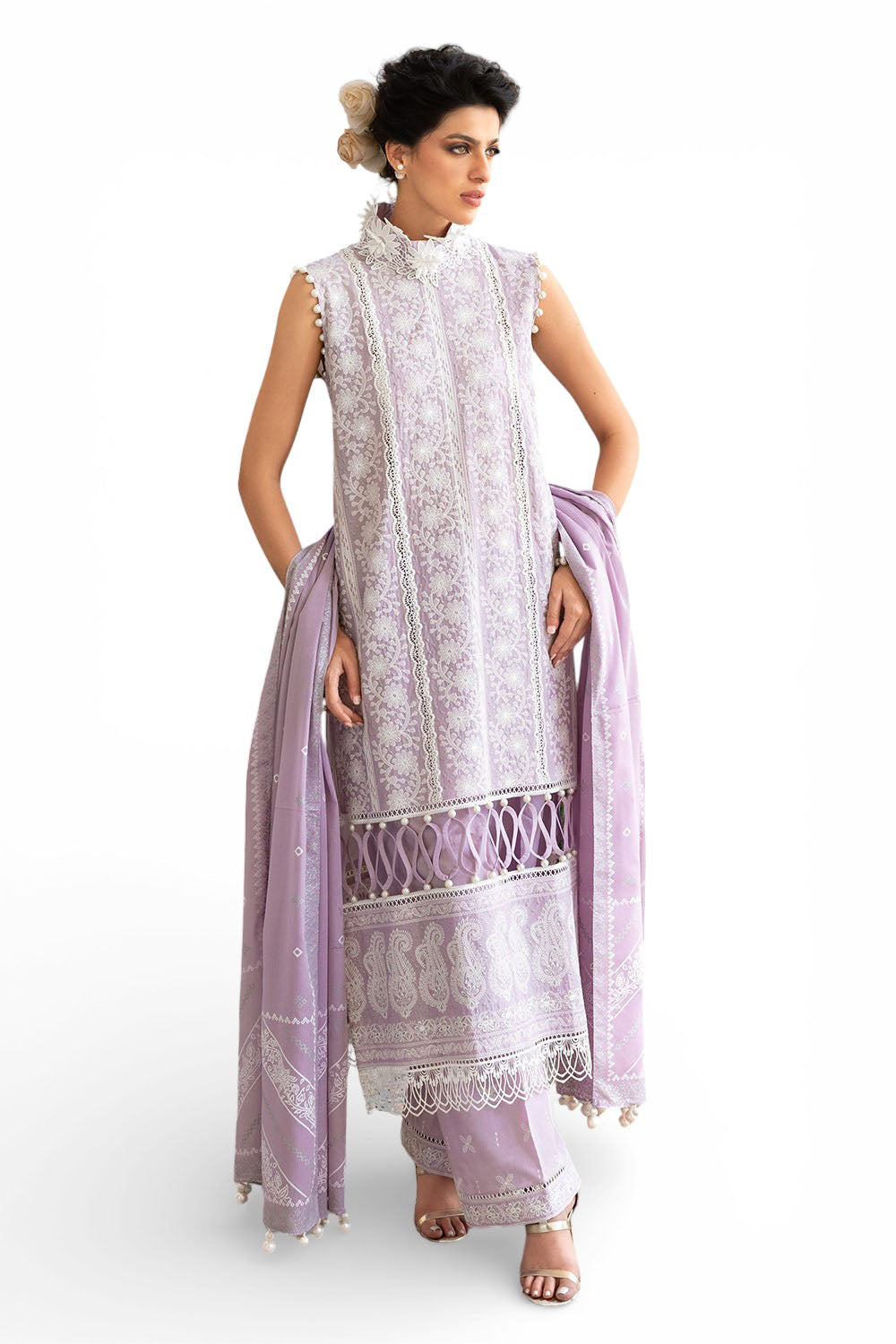 3 Piece Zari & Sequins Embroidered Lawn Suit with Silver & Lacquer Printed Dupatta DN-52035