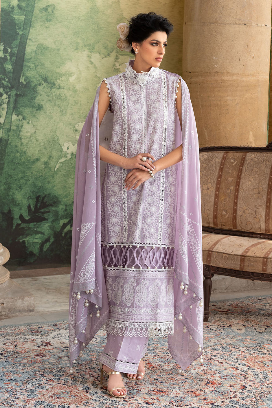 3 Piece Zari & Sequins Embroidered Lawn Suit with Silver & Lacquer Printed Dupatta