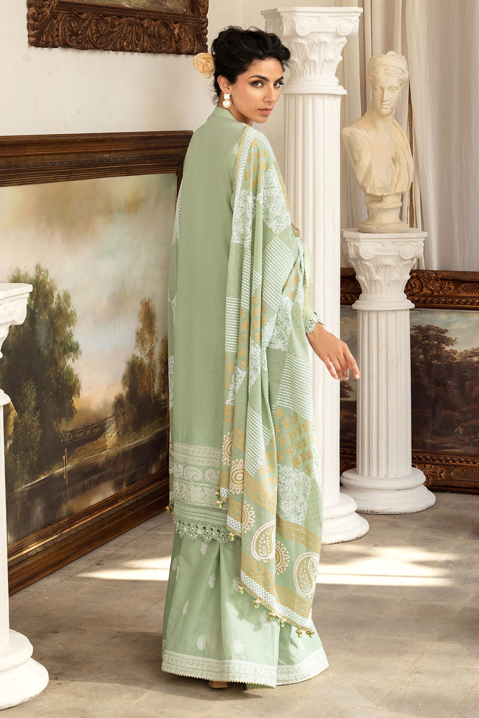 3 Piece Zari & Sequins Embroidered Lawn Suit with Gold & Lacquer Printed Dupatta