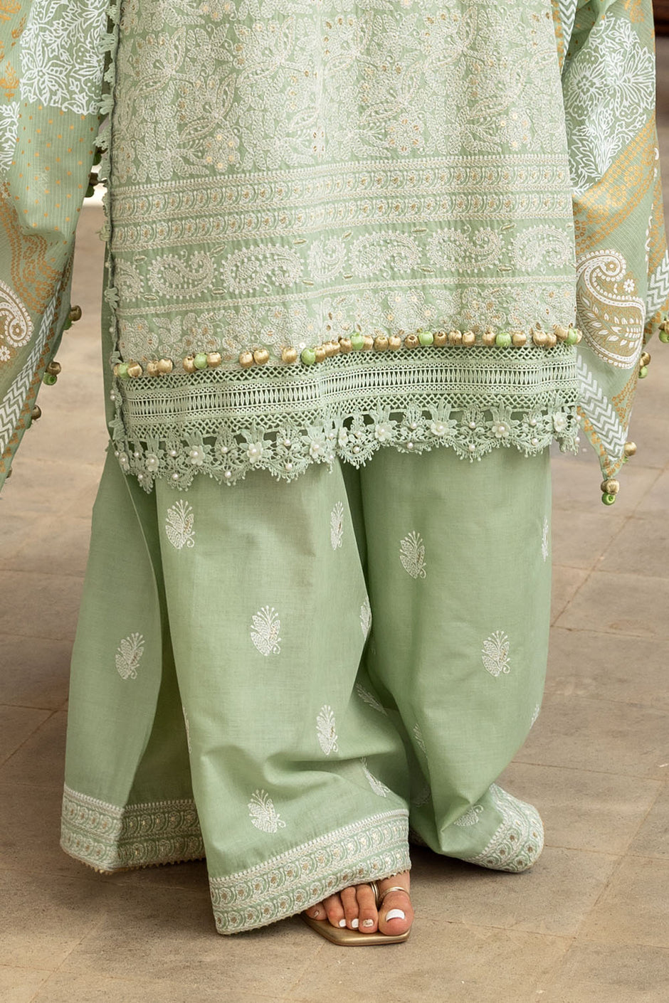 3 Piece Zari & Sequins Embroidered Lawn Suit with Gold & Lacquer Printed Dupatta