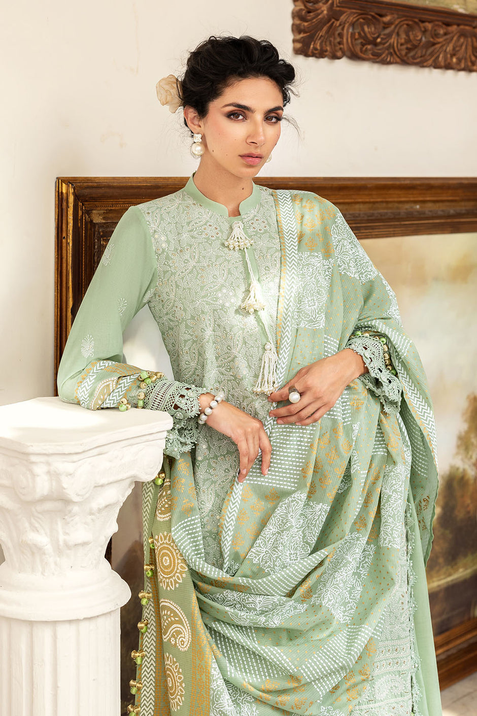 3 Piece Zari & Sequins Embroidered Lawn Suit with Gold & Lacquer Printed Dupatta