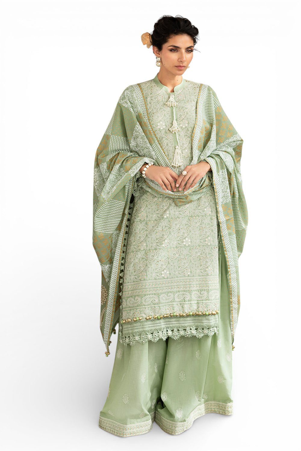 3 Piece Zari & Sequins Embroidered Lawn Suit with Gold & Lacquer Printed Dupatta DN-52038