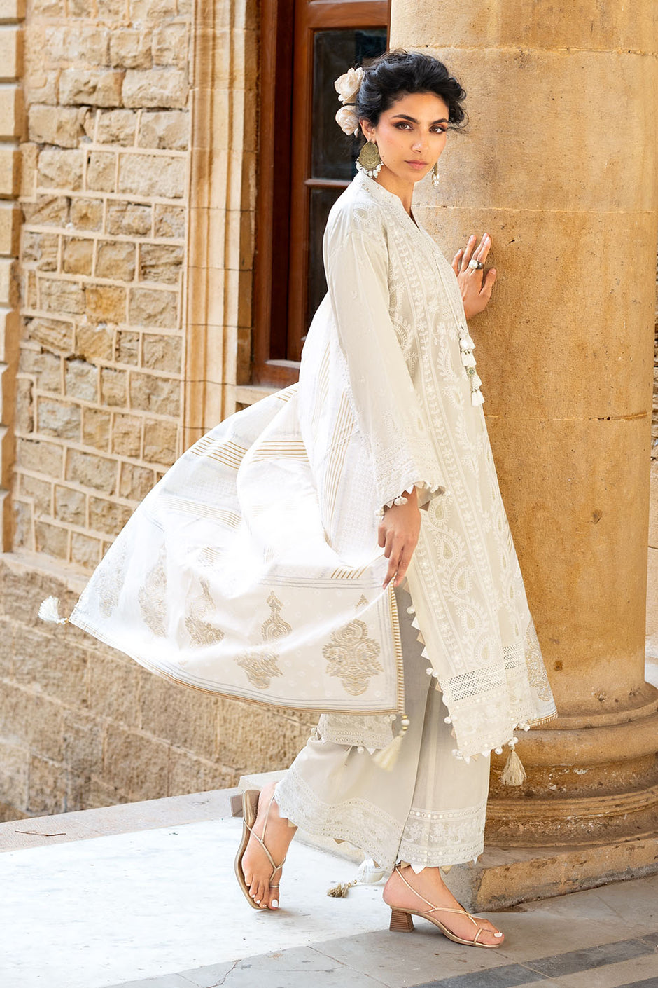 3 Piece Zari & Sequins Embroidered Lawn Suit with Borders and Printed Dupatta