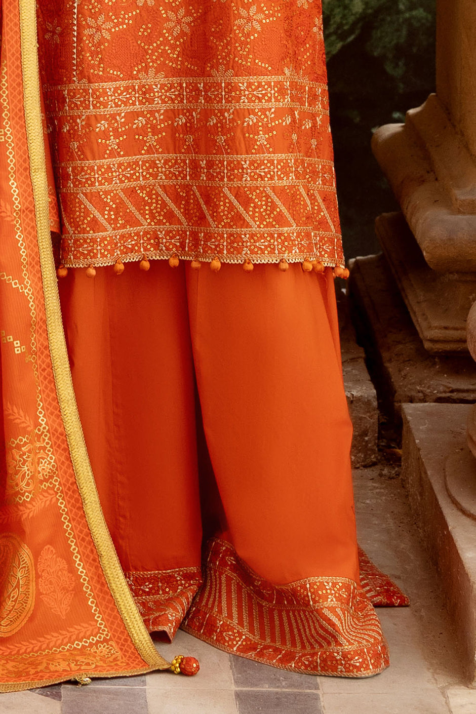 3 Piece Zari & Sequins Embroidered Lawn Suit with Gold & Lacquer Printed Dupatta