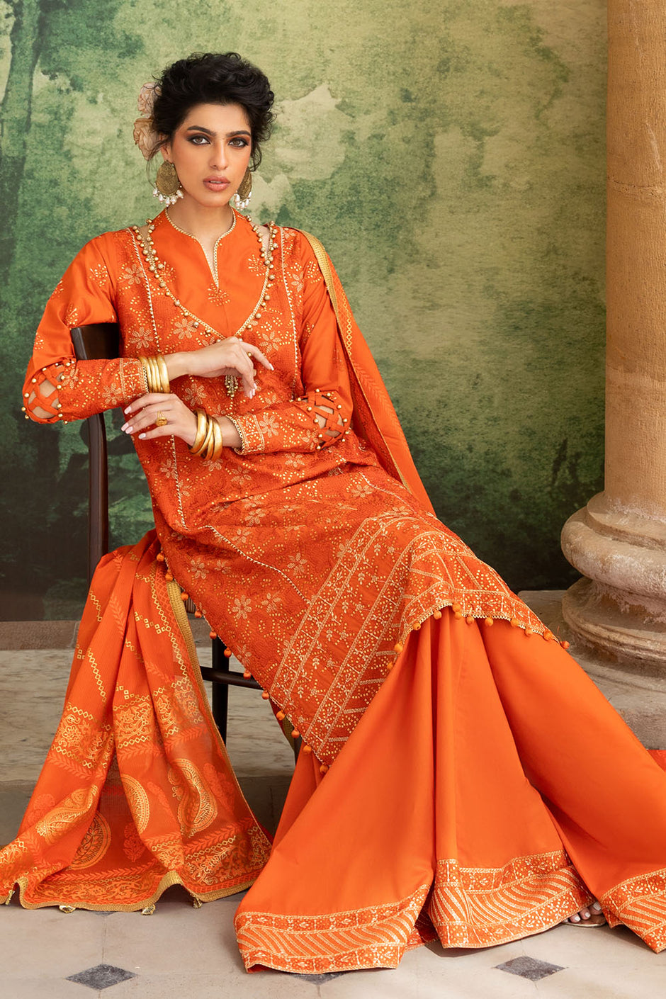 3 Piece Zari & Sequins Embroidered Lawn Suit with Gold & Lacquer Printed Dupatta