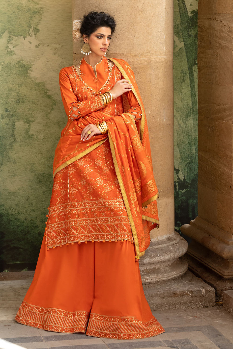 3 Piece Zari & Sequins Embroidered Lawn Suit with Gold & Lacquer Printed Dupatta