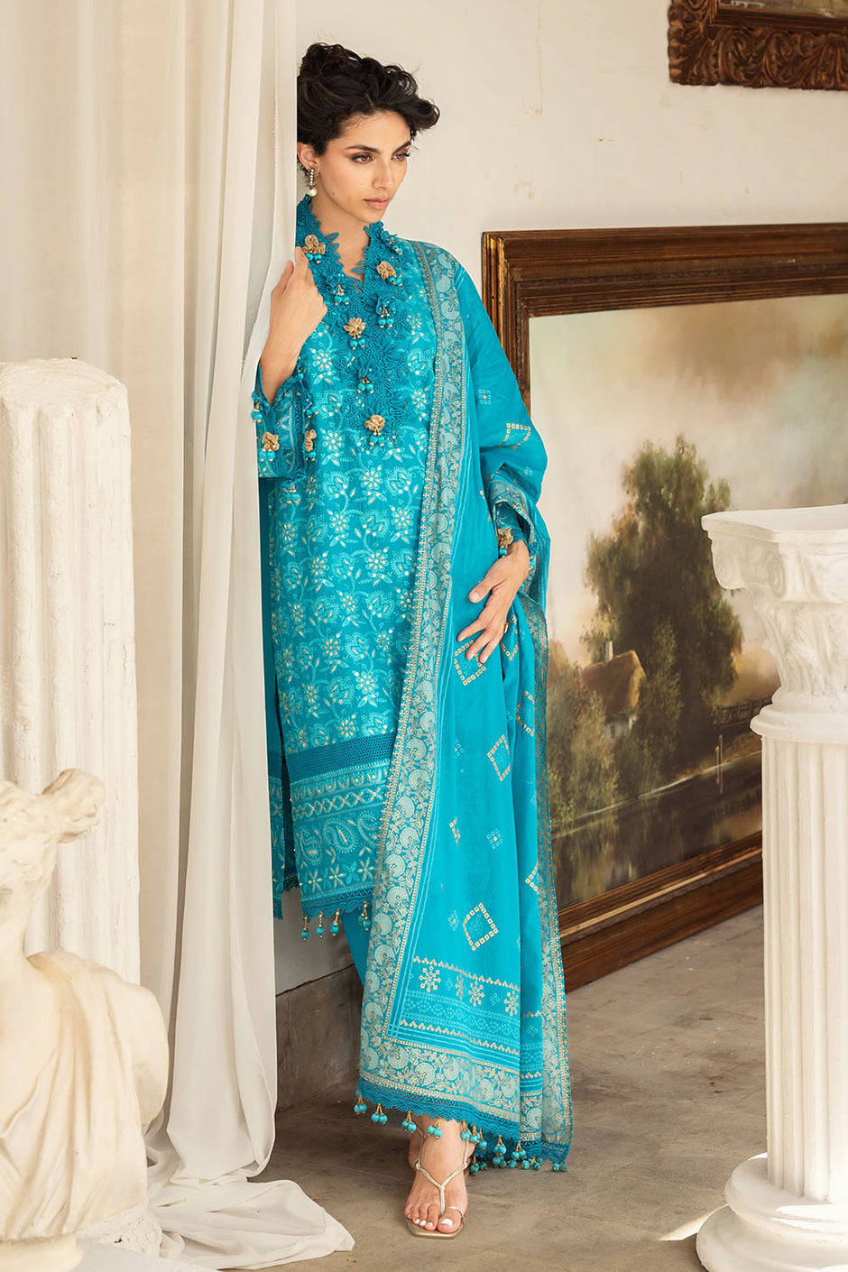 3 Piece Zari & Sequins Embroidered Lawn Suit with Gold & Lacquer Printed Dupatta