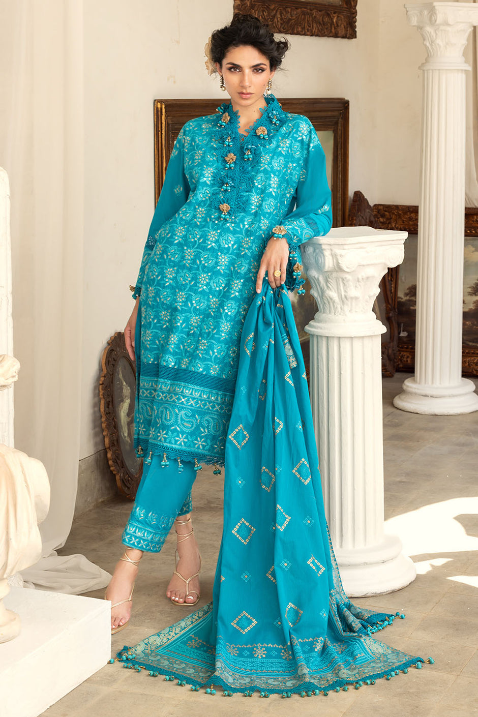 3 Piece Zari & Sequins Embroidered Lawn Suit with Gold & Lacquer Printed Dupatta