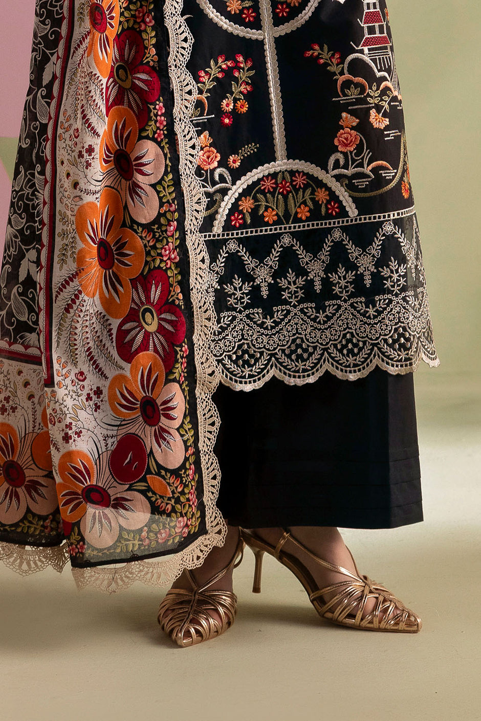 3 Piece Embroidered Lawn Suit with Printed Lawn Dupatta and Embroidered Trouser Border