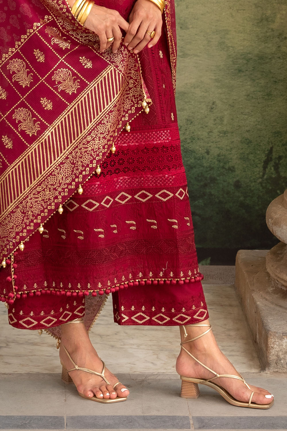 3 Piece Zari & Sequins Embroidered Lawn Suit with Gold & Lacquer Printed Dupatta
