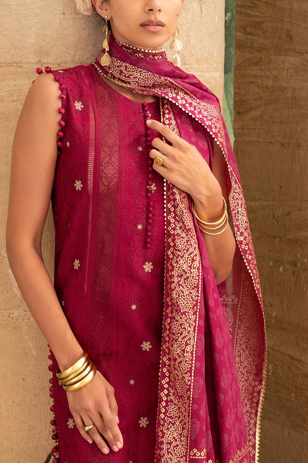 3 Piece Zari & Sequins Embroidered Lawn Suit with Gold & Lacquer Printed Dupatta