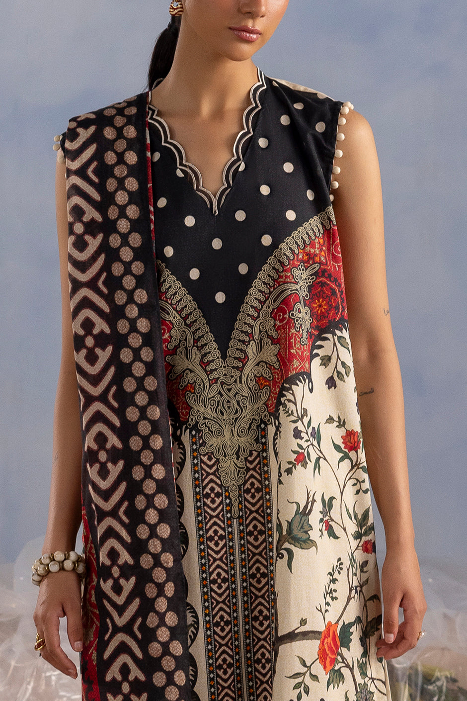 3 Piece Embroidered Printed Cotton Suit with Printed Lawn Dupatta