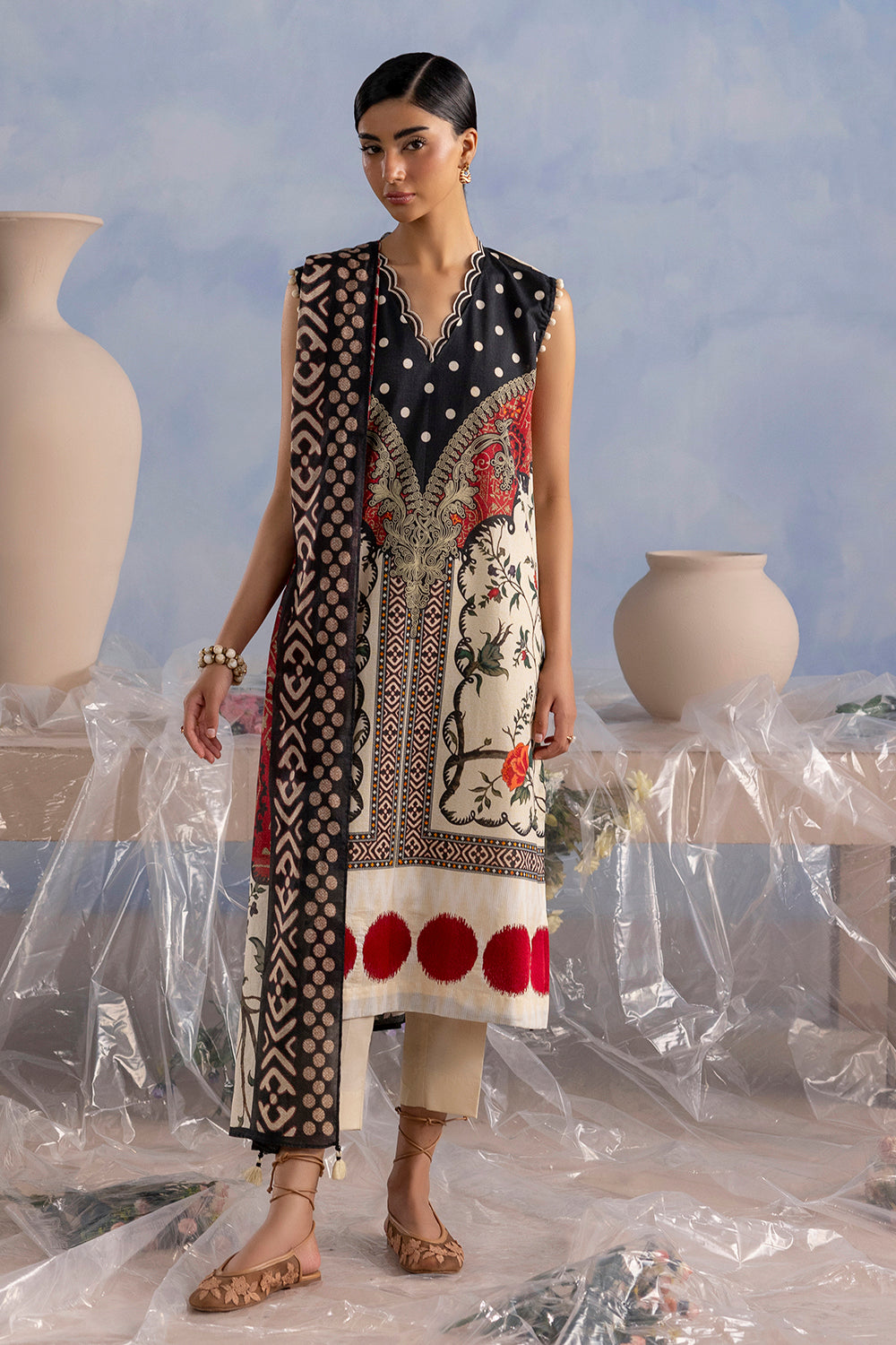 3 Piece Embroidered Printed Cotton Suit with Printed Lawn Dupatta