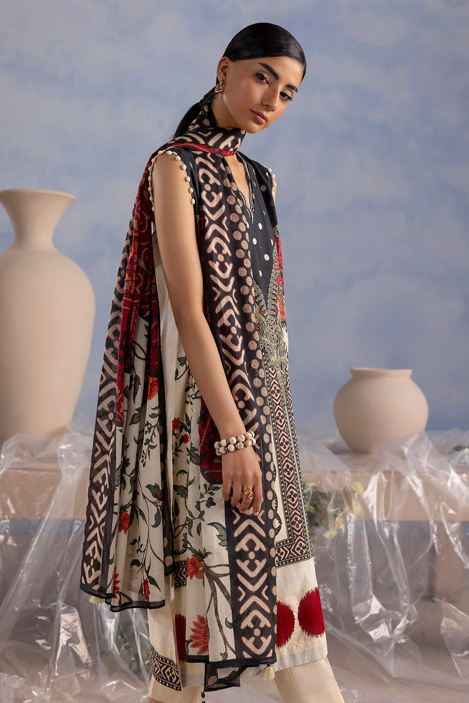 3 Piece Embroidered Printed Cotton Suit with Printed Lawn Dupatta