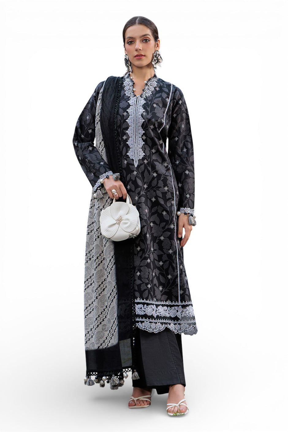 3 Piece Printed Lawn Suit with Embroidered Neckline, Borders and Lace