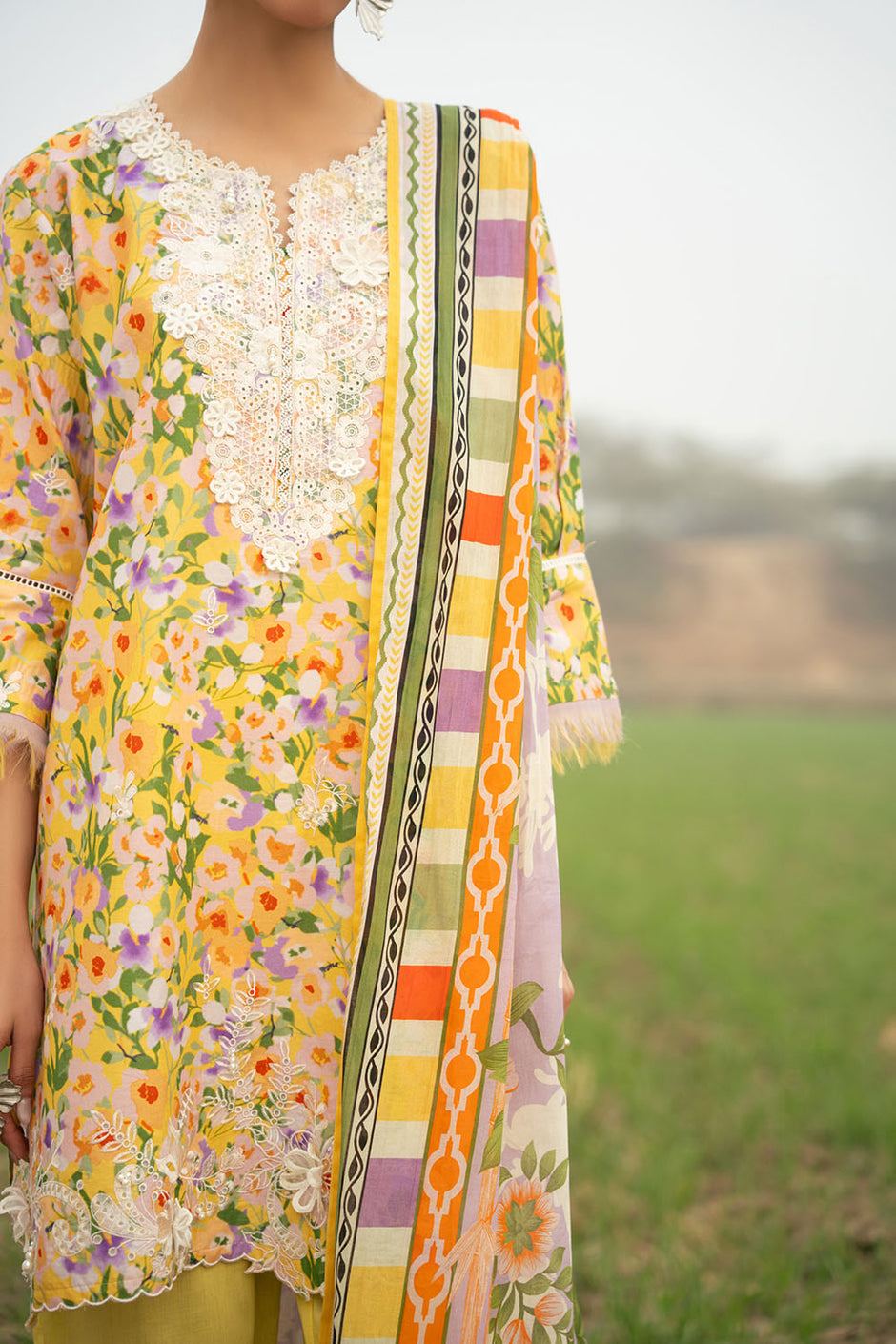 3 Piece Embroidered Printed Lawn Suit with Embroidered Neckline