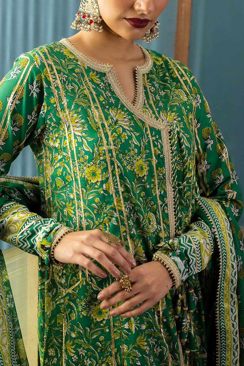 3 Piece Gota Embroidered Lawn Suit with Printed Lawn Dupatta