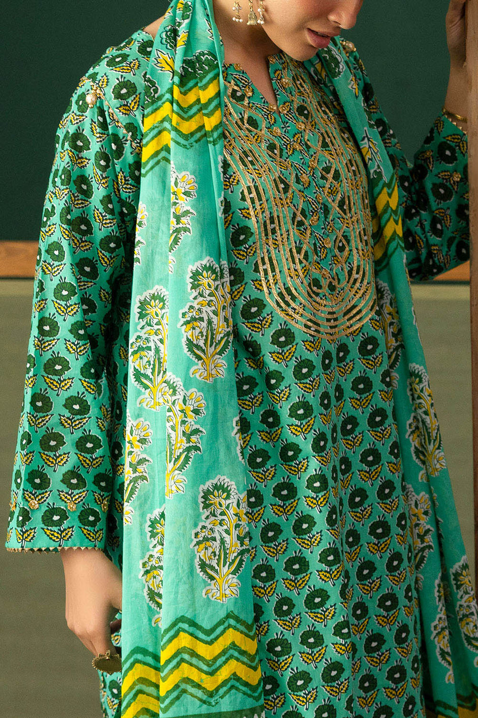 3 Piece Gota Embroidered Lawn Suit with Printed Lawn Dupatta