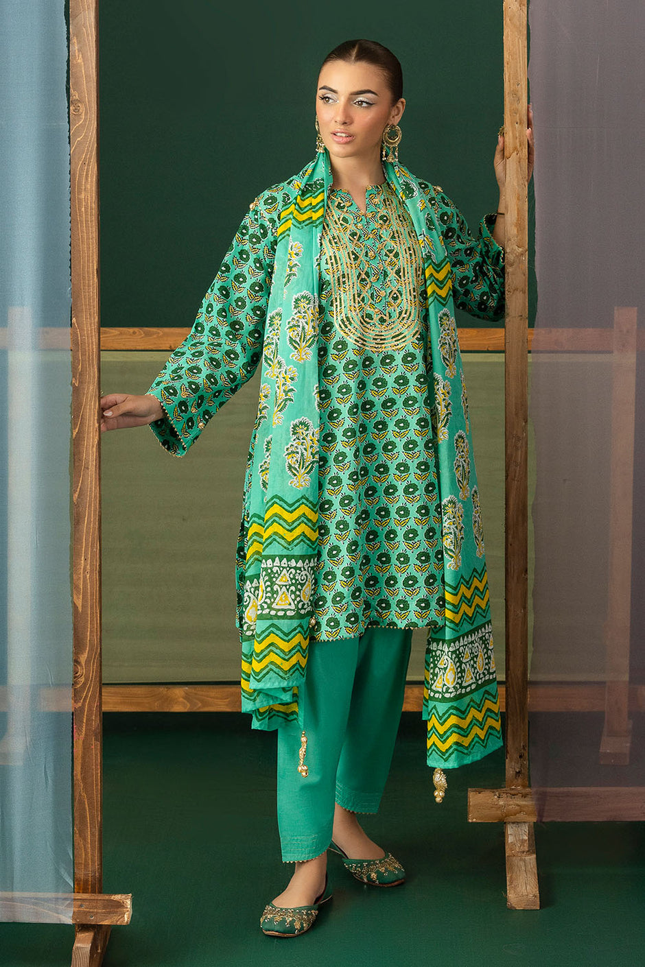 3 Piece Gota Embroidered Lawn Suit with Printed Lawn Dupatta