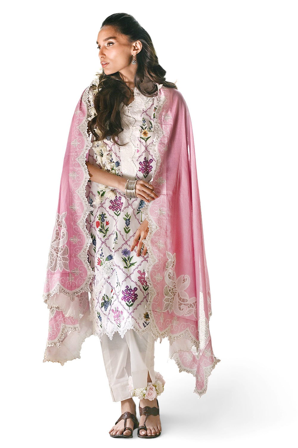 3 Piece Printed Lawn Suit with Embroidered Lace and Bunches