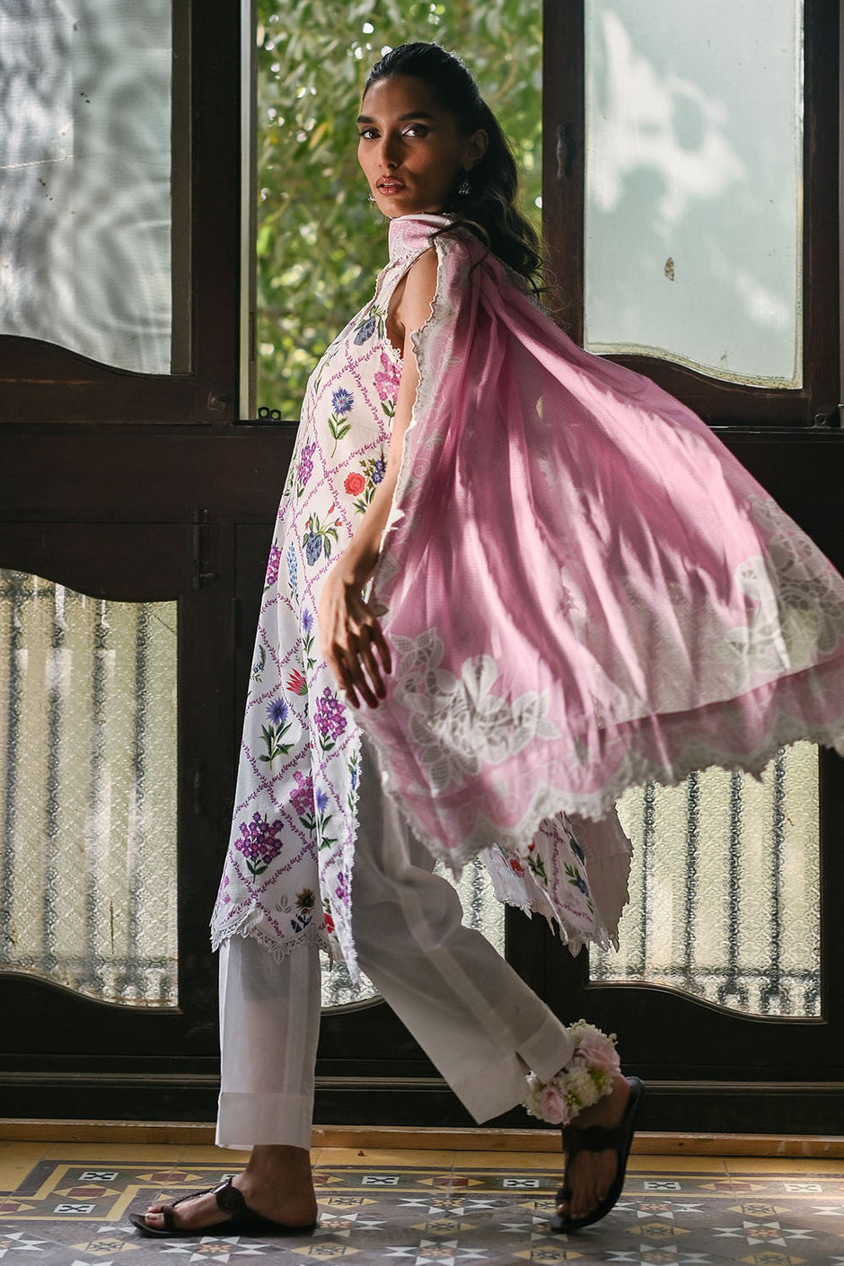 3 Piece Printed Lawn Suit with Embroidered Lace and Bunches