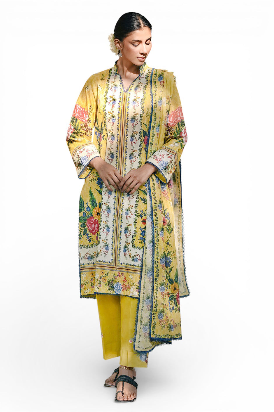 3 Piece Printed Lawn Suit with Embroidered Lace and Bunches