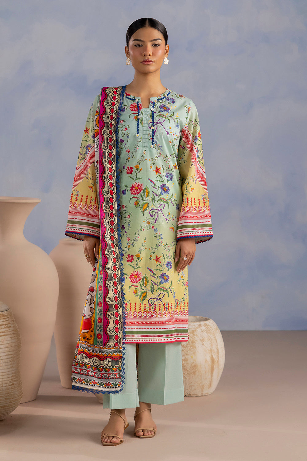 3 Piece Printed Cotton Suit with Printed Lawn Dupatta