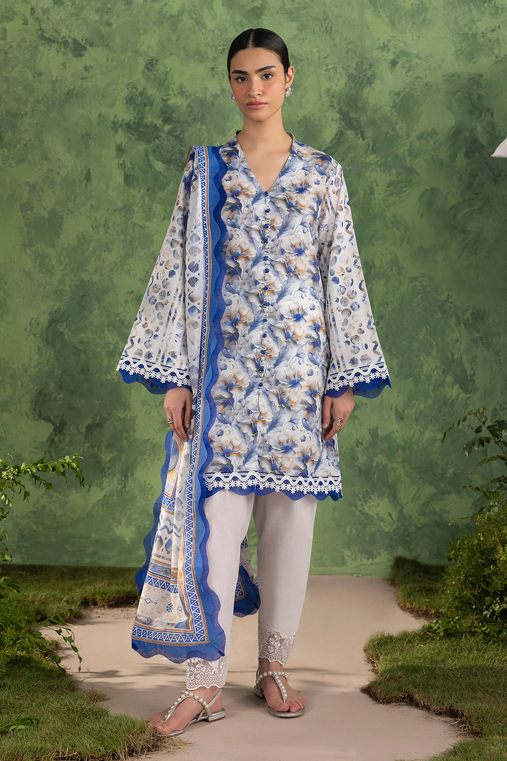 3 Piece Printed Cotton Suit with Printed Lawn Dupatta and Embroidered Trouser Border