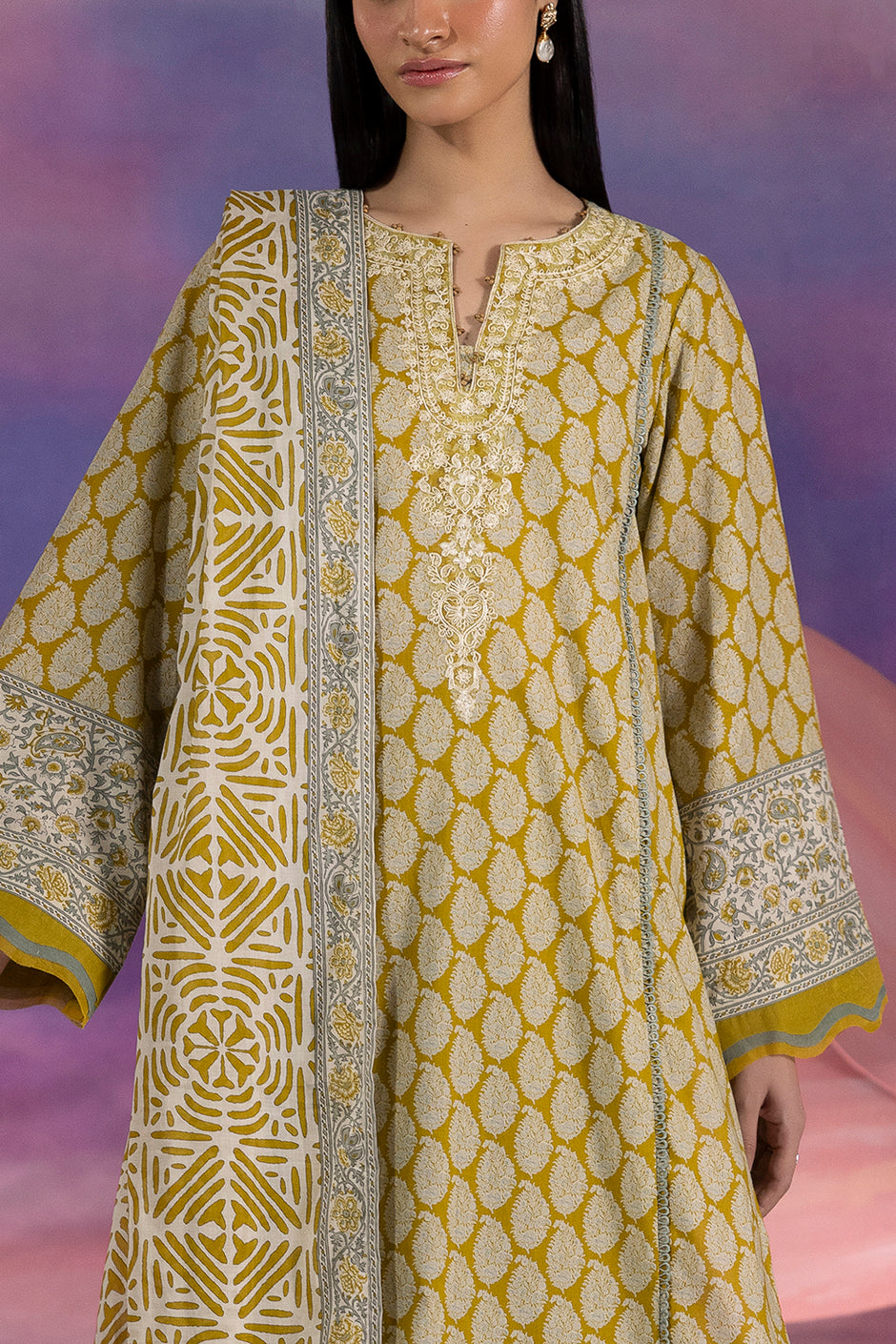 3 Piece Printed Cotton Suit with Printed Lawn Dupatta and Embroidered Neckline