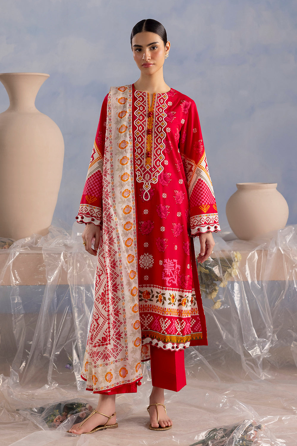 3 Piece Printed Cotton Suit with Printed Lawn Dupatta and Embroidered Neckline