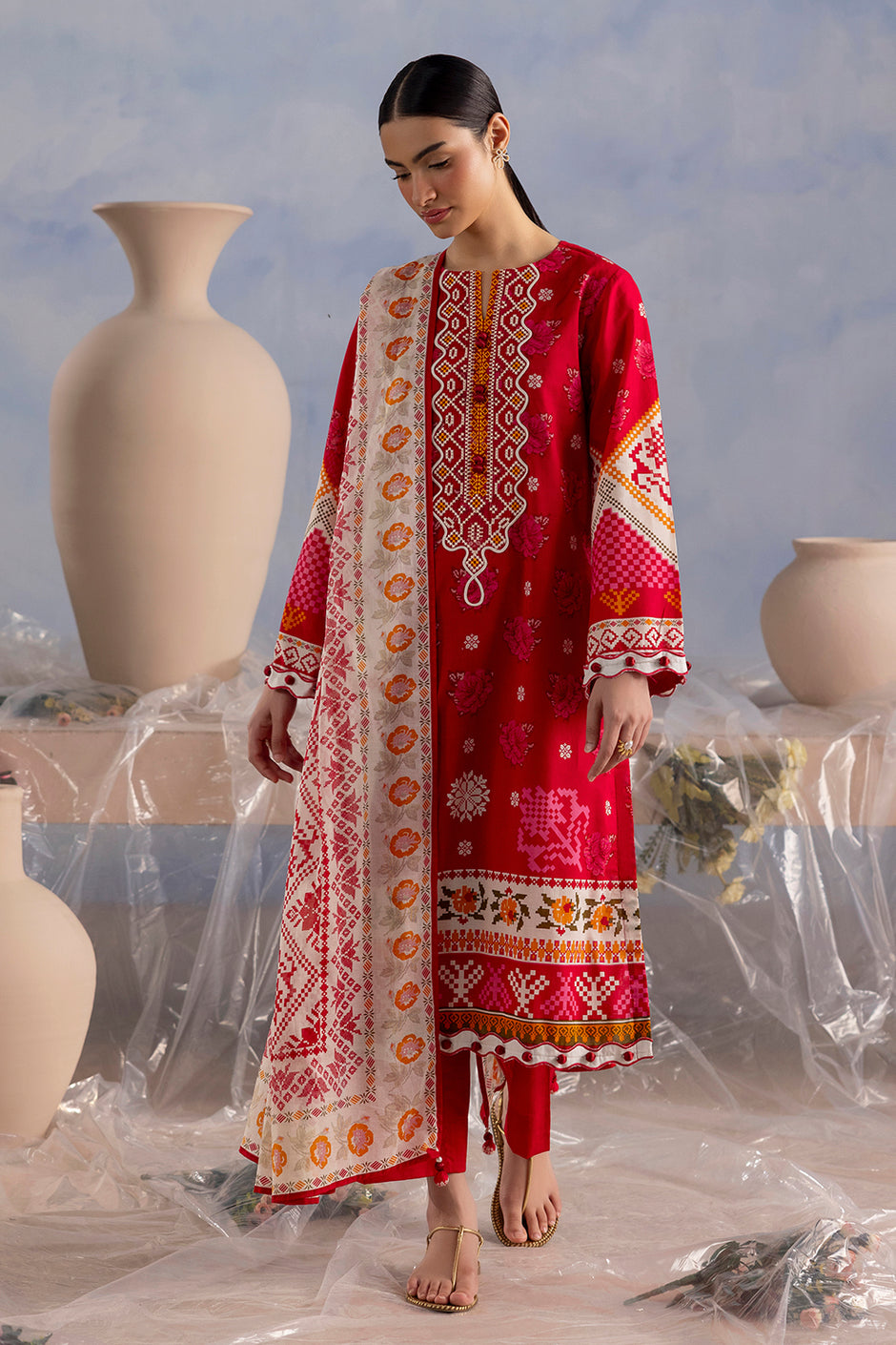 3 Piece Printed Cotton Suit with Printed Lawn Dupatta and Embroidered Neckline