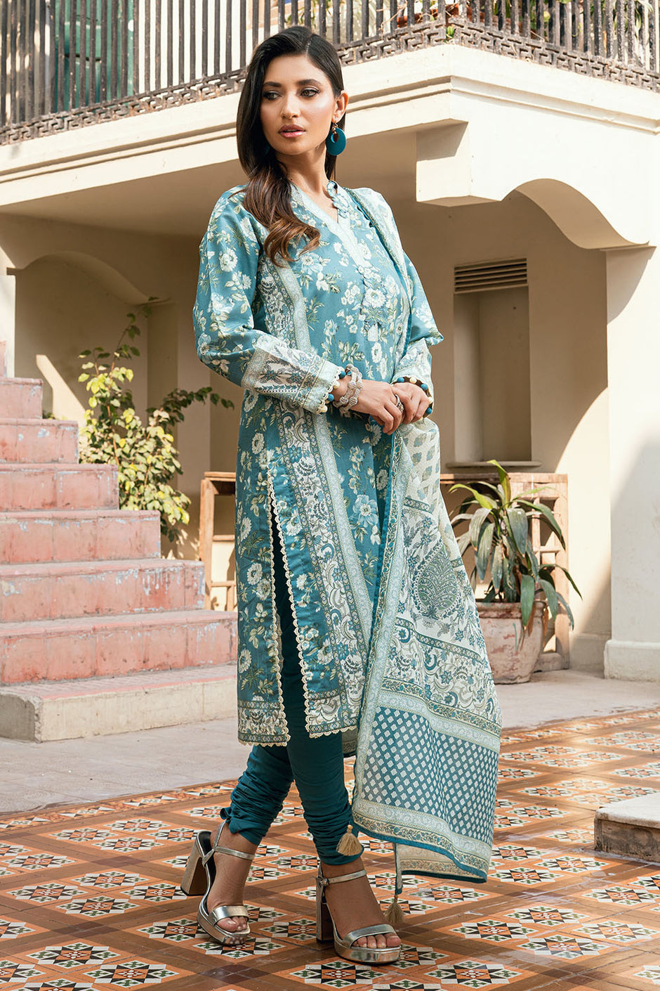 3 Piece Printed Cross Hatch Suit with Lawn Dupatta