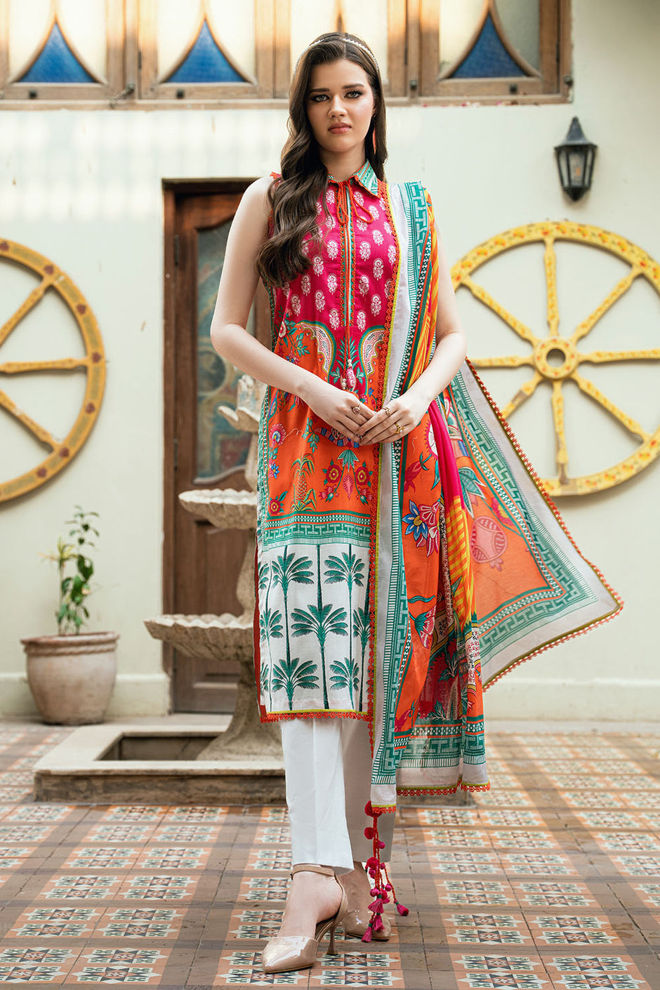 3 Piece Printed Cross Hatch Suit with Lawn Dupatta