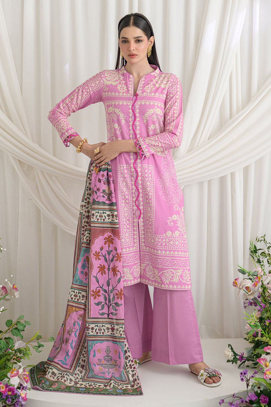 3 Piece Printed Dobby Suit with Printed Lawn Dupatta and Dyed Trouser