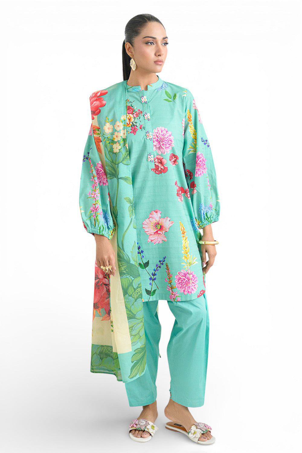 3 Piece Printed Dobby Suit with Printed Lawn Dupatta and Dyed Trouser