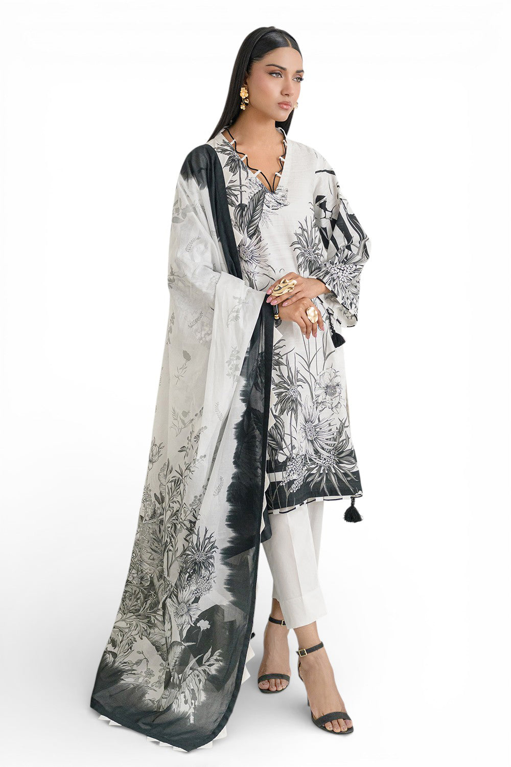 3 Piece Printed Dobby Suit with Printed Lawn Dupatta and Dyed Trouser