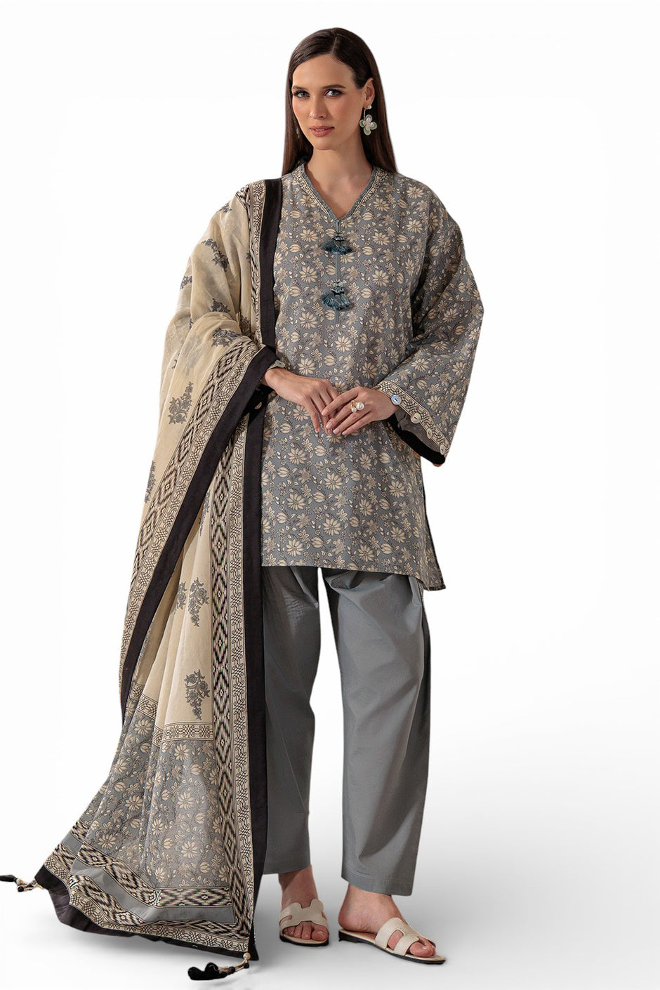 3 Piece Printed Lawn Suit and Dyed Trouser  CL-62085 B