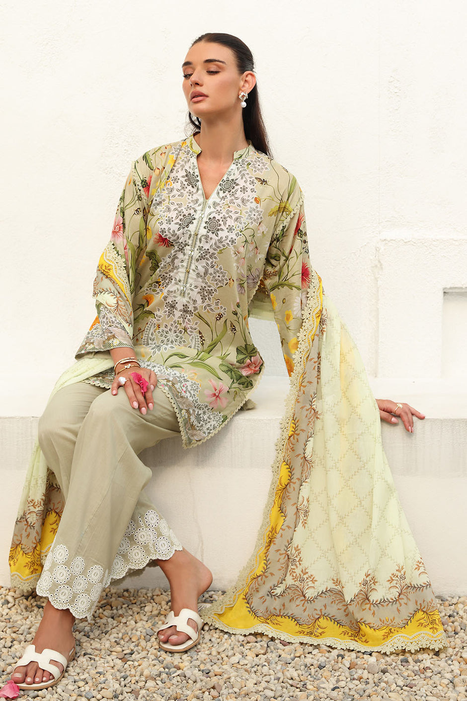 3 Piece Printed Lawn Suit with Printed Lawn Dupatta and Embroidered Schiffli Trouser Border