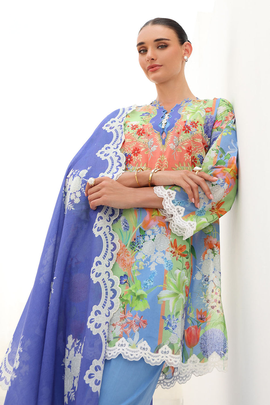 3 Piece Printed Lawn Suit with Printed Lawn Dupatta and Embroidered Sleeve and Trouser Borders