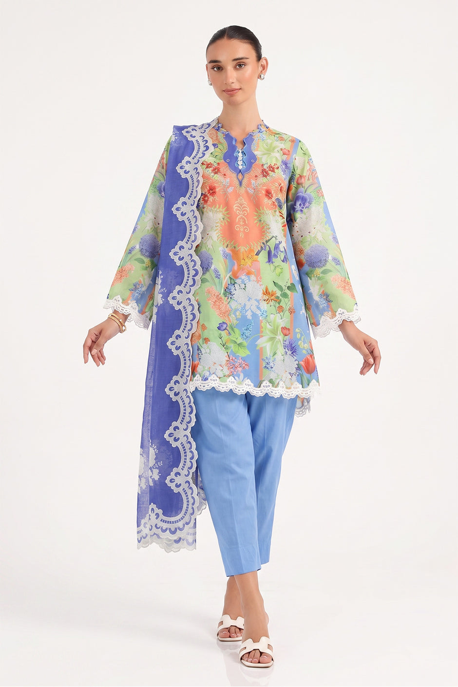 3 Piece Printed Lawn Suit with Printed Lawn Dupatta and Embroidered Sleeve and Trouser Borders