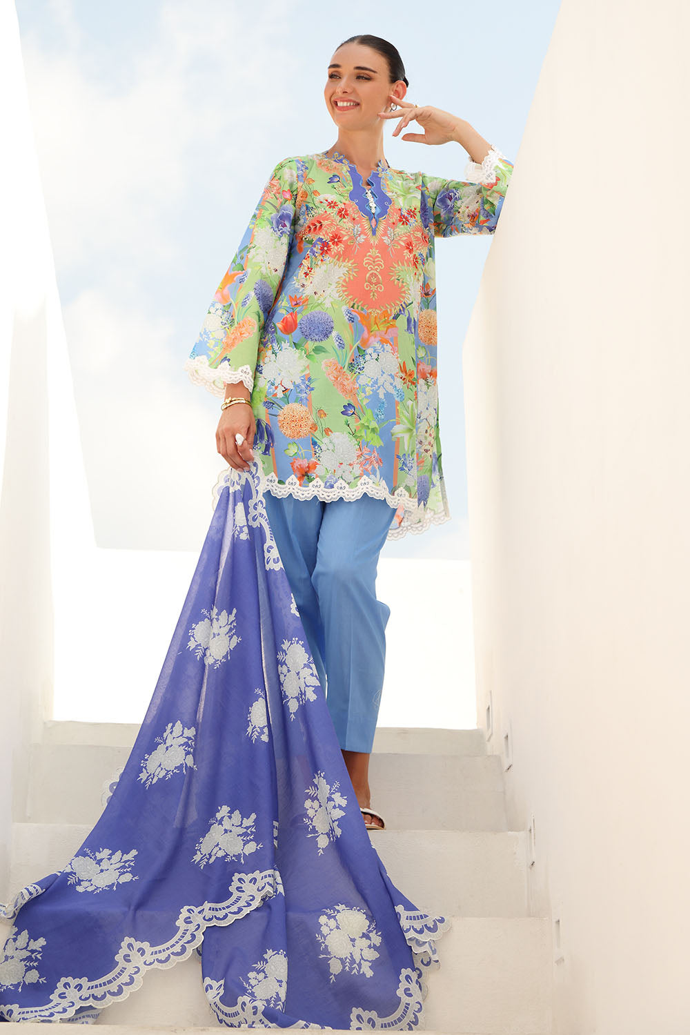 3 Piece Printed Lawn Suit with Printed Lawn Dupatta and Embroidered Sleeve and Trouser Borders