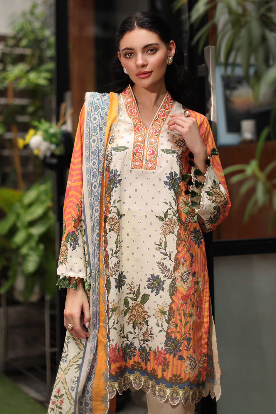 3 Piece Printed Lawn Suit with Printed Lawn Dupatta and Lace