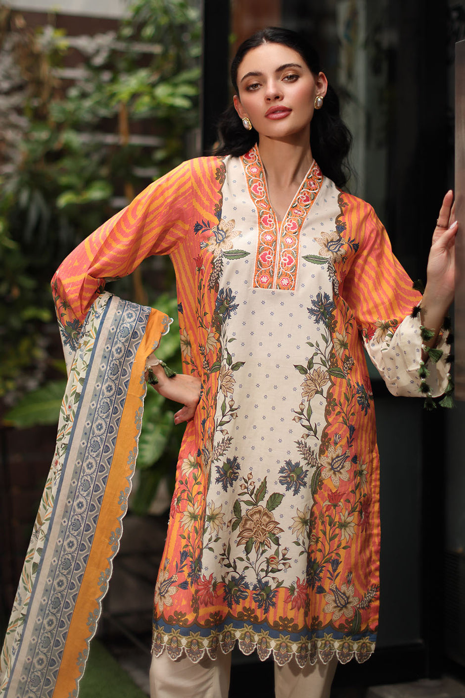 3 Piece Printed Lawn Suit with Printed Lawn Dupatta and Lace