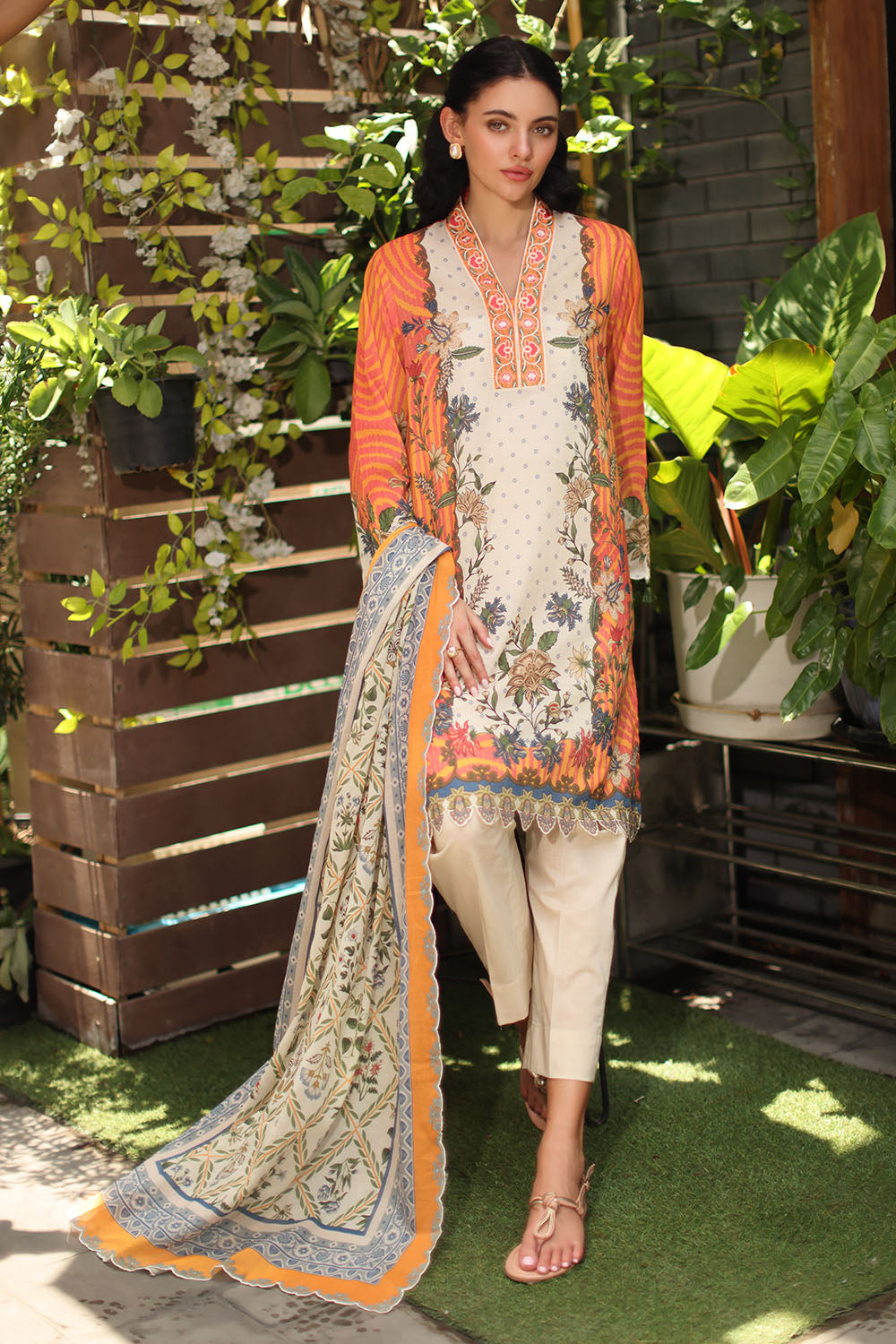 3 Piece Printed Lawn Suit with Printed Lawn Dupatta and Lace