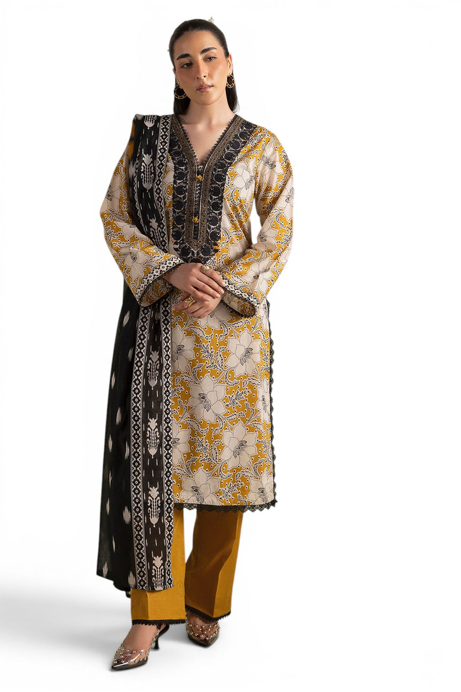 3 Piece Printed Lawn Suit with Embroidered Neckline and Printed Lawn Dupatta