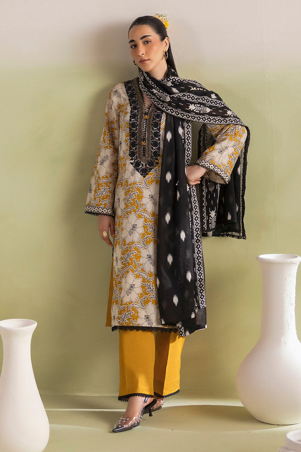 3 Piece Printed Lawn Suit with Embroidered Neckline and Printed Lawn Dupatta