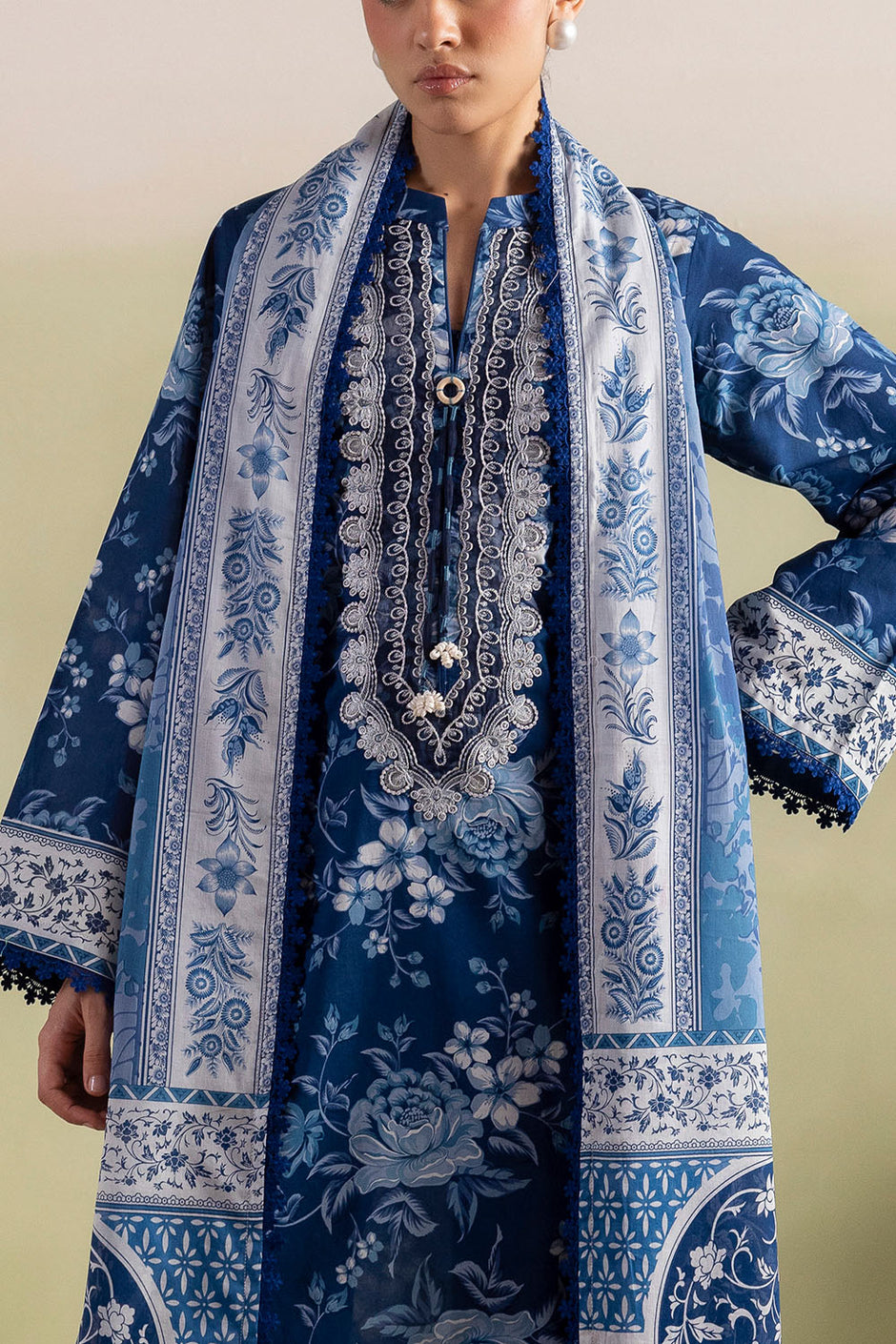 3 Piece Printed Lawn Suit with Embroidered Neckline and Printed Lawn Dupatta