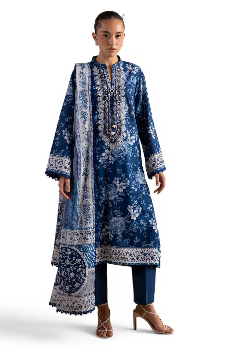 3 Piece Printed Lawn Suit with Embroidered Neckline and Printed Lawn Dupatta