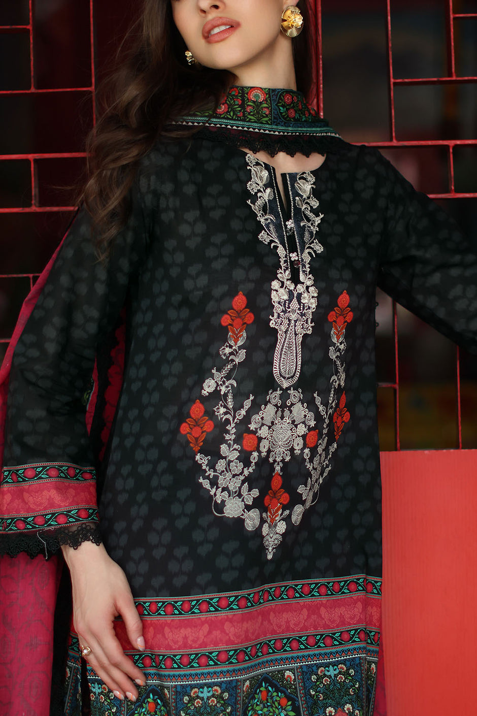 3 Piece Printed Lawn Suit with Printed Lawn Dupatta and Embroidered Neckline